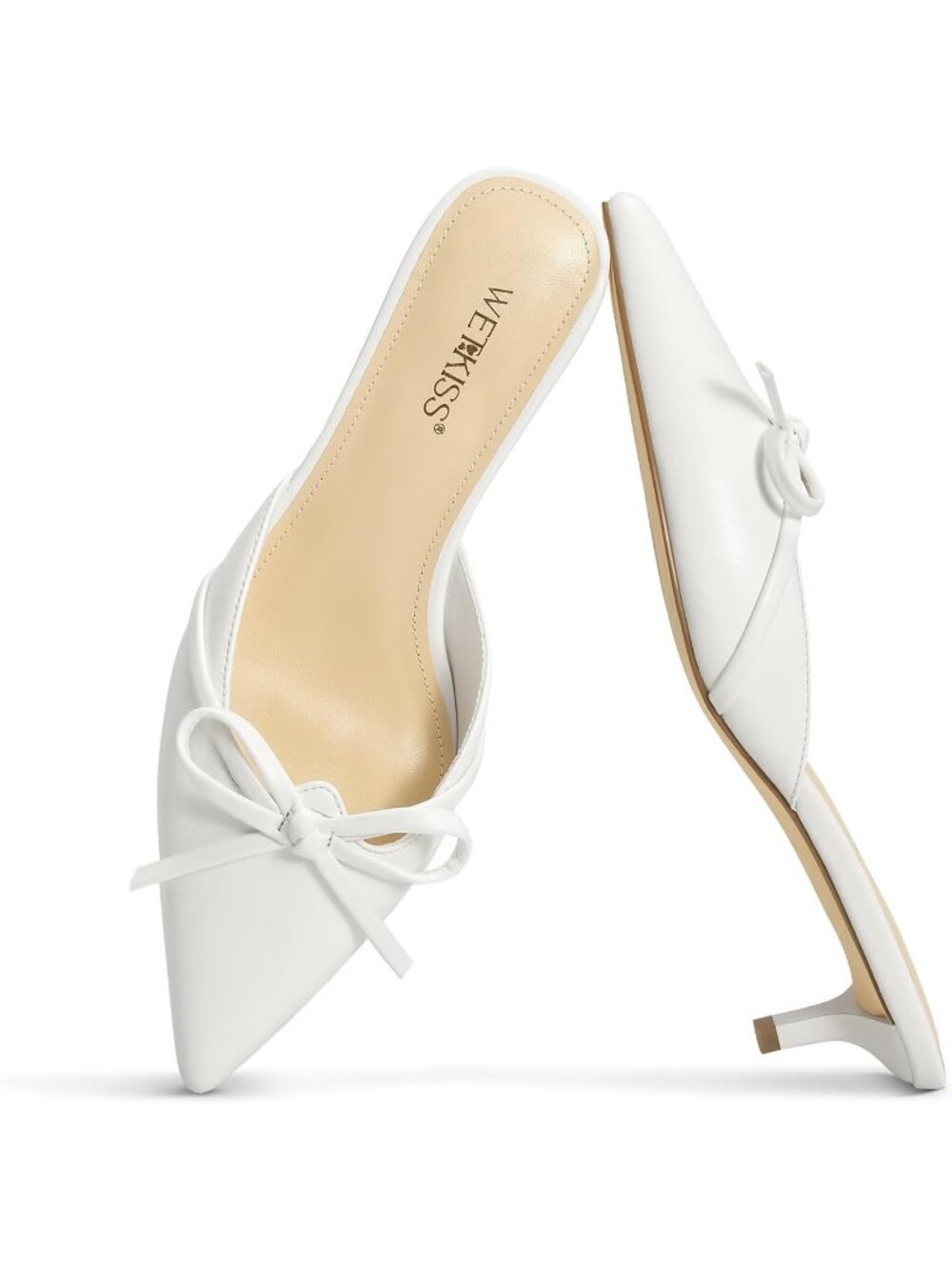 Women's Kitten Heel Mules Bow Slip On Vintage Pumps White Pointed Closed Toe